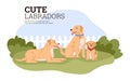 Banner with cute golden Labrador dogs on lawn flat style
