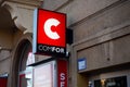 The banner of a Czech company Comfor which is one of the largest retailers with computer electronics at twilight with enlightened