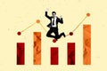 Banner 3d art pop image collage of happy businessman jump chart development graph statistics aim achievement Royalty Free Stock Photo