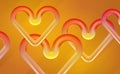 Banner 3D matte plastic hearts for Valentines day, chaotic background red, yellow heart. Love symbol amber tones. Vector