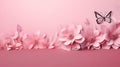 Banner with 3d pink paper flowers and butterflies on a pink background. Royalty Free Stock Photo