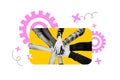 Banner 3d pop creative image collage of hands trust together high-five gesture cooperation gearwheel settings Royalty Free Stock Photo