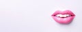 Banner of 3D realistic smiling glossy pink lips on white. cosmetic, fashion, and romantic designs. Open mouth with teeth, lipstick