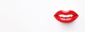 Banner of 3D realistic smiling glossy red lips on white. cosmetic, fashion, and