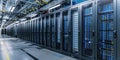 Banner with data center with multiple rows of operational server racks.