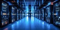 Banner with data center with multiple rows of operational server racks.