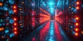 Banner with data center with multiple rows of operational server racks.