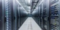 Banner with data center with multiple rows of operational server racks.