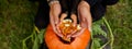 Banner Daughter and father hands carving pumpkin for Halloween, Prepares Jack o`Lantern Royalty Free Stock Photo