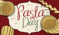 Tablecloth with Gomiti Pasta and Label for Pasta Day Celebration, Vector Illustration