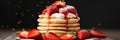 Banner. Delicious pancakes with fresh strawberries. Valentine breakfast