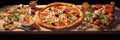 Banner with delicious whole italian pizza on a wooden table with ingredients. traditional italian food.