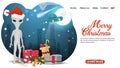 Banner for the design of Christmas and new year design of web pages mobile applications an Alien in a Santa Claus hat stands near