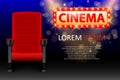 Banner Design For The Cinema. Realistic Red Comfortable Cinema Seats. Movie Theater Poster With Rows And Lights. Vector