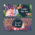 Banner design with classic sealife theme, coral wallpaper watercolor vector illustration