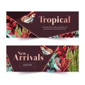 Banner design with classic tropical plants and butterfly, red-toned vector illustration