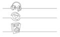 Banner design - continuous line drawing of business icons: headphones, video file, audio speaker