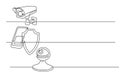 Banner design - continuous line drawing of business icons: outdoor camera, phone security, home web camera