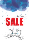 banner design with dark clouds, rain and cat muzzle. Royalty Free Stock Photo