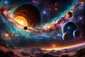 Banner Design Featuring a Panorama of a Distant Galaxy: Clusters of Diverse Planets, Myriad Stars, and Celestial Splendor