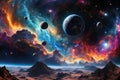 Banner Design Featuring a Panorama of a Distant Galaxy: Clusters of Diverse Planets, Myriad Stars, and Celestial Splendor