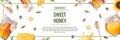 Banner design with jar of honey,bees,sunflower. Honey products, honey shop. Illustration for banner, flyer, poster, menu Royalty Free Stock Photo