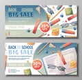 Banner design set with diary, pencil case, pen and paper clips scattered on the surface. Back to school, study Royalty Free Stock Photo