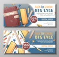 Banner design set with diary, pencil case, pen and paper clips scattered on the surface. Back to school, study Royalty Free Stock Photo