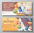 Banner design set with textbook, calculator and stationery. Back to school, study, education. Office supplies scattered Royalty Free Stock Photo