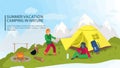 Banner for the design of a summer camping in nature a girl sits near a tourist tent that a guy sets up against the background of