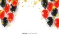 Banner design template with realistic red and black helium balloons, falling golden confetti and blank space in the center Royalty Free Stock Photo