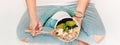 Banner of Diet plan with yogurt blueberry ,avocado,banana,as granola parfait in a bowl