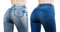 Banner different Denim pants type. Close up of female jeans with perfect fit. Woman hips isolated on white background. Copy space Royalty Free Stock Photo