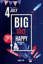 Banner discount to the Independence Day of the United States July 4 fireworks fly out of the hat of Uncle Sam