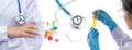 Banner, Doctor medical woman with stethoscope scientist with equipment and science experiments, laboratory background or banner