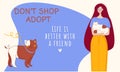 banner don't shop,adopt.A happy girl with a cat and a dog with a heart.Charity and animal adoption concept.Vector
