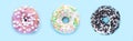 Banner of donuts isolated on blue background overhead Royalty Free Stock Photo