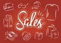 A banner drawn in a sketch style depicting clothing sales. Illustration of bag, glasses, cap, t-shirt, shopping, gloves