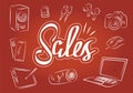 A banner drawn in a sketch style depicting sales in electronics. Illustration of a music speaker, memory card, wireless