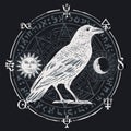 Banner with drawn white raven and sorcery signs