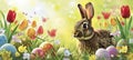 Easter Bunny Among Tulips and Painted Eggs in Sunlight Royalty Free Stock Photo