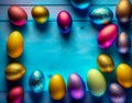 Banner. Easter colored eggs on a blue table. View from above. Copy space