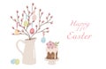 Banner with Easter eggs, Easter cake and willow in a jug. Vector graphics Royalty Free Stock Photo