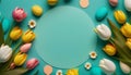 Banner, Easter eggs on a turquoise background, top view. Generative AI