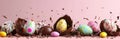 Banner with easter painted eggs in broken chocolate eggshell on pink background Royalty Free Stock Photo