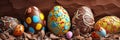 Banner with easter painted eggs in broken chocolate eggshell on pink background Royalty Free Stock Photo