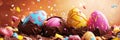 Banner with easter painted eggs in broken chocolate eggshell on pink background Royalty Free Stock Photo