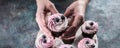 Banner. Elegant female hands holding a delicious blueberry cream cupcake