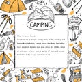 Banner with elements of camping life on a white background. Hiking. Tourism. Camping emblem with mountains. Tents