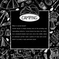 Banner with elements of hiking life on a black background. Hiking. Hiking. Camping emblem with mountains. Tents, compass